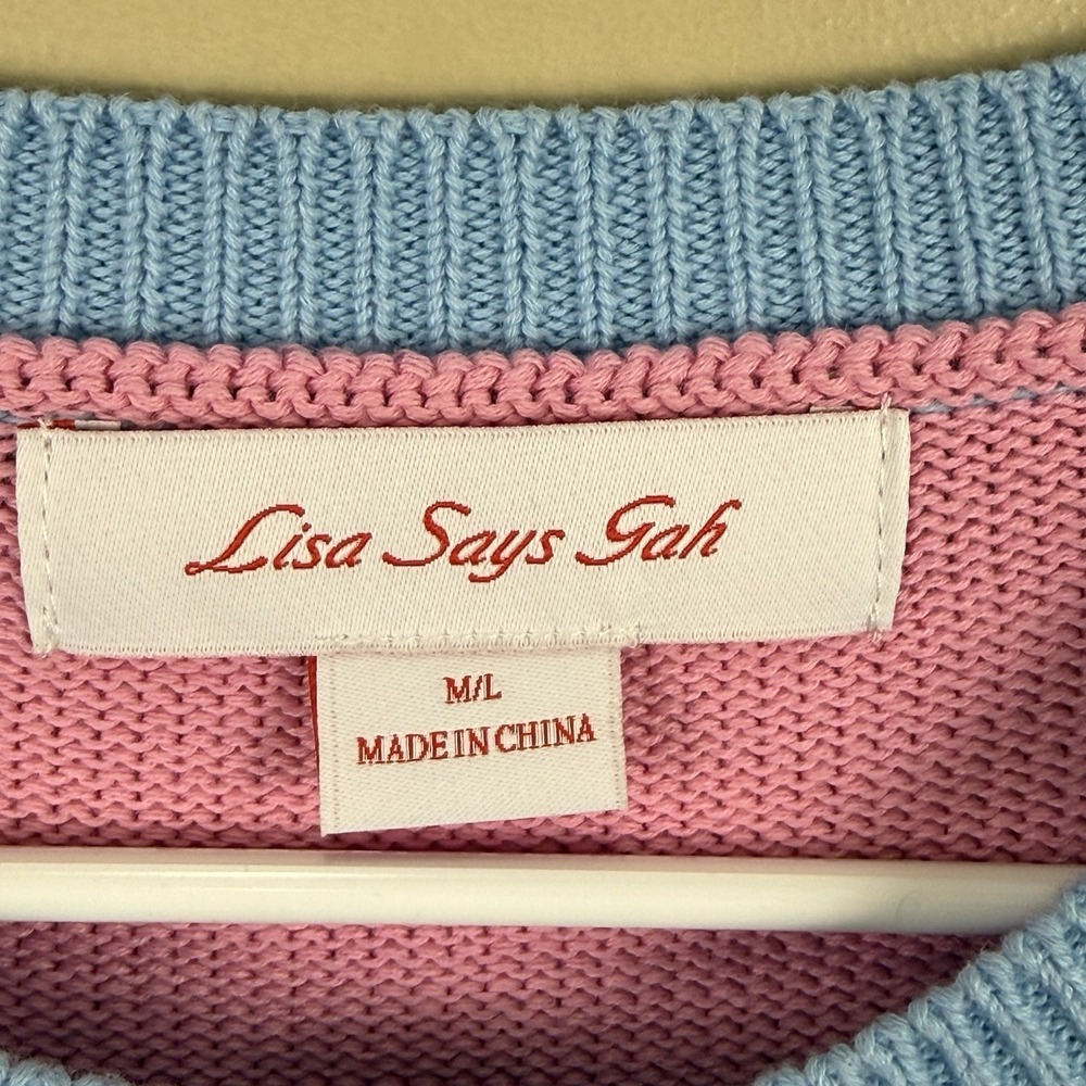 Lisa Says Gah Pink Cardigan with Green and Red Accents - Picture 4 of 8